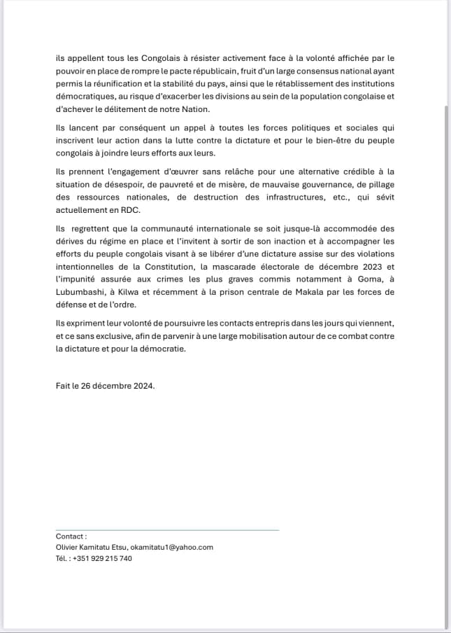 🚨Kabila et Katumbi  ont publié ce 26 décembre un communiqué depuis Addis-Abeba, appelant à la paix et dénonçant les dérives en RDC. 

La teneur de cette déclaration ci-bas (pictures): #RDC #Politique