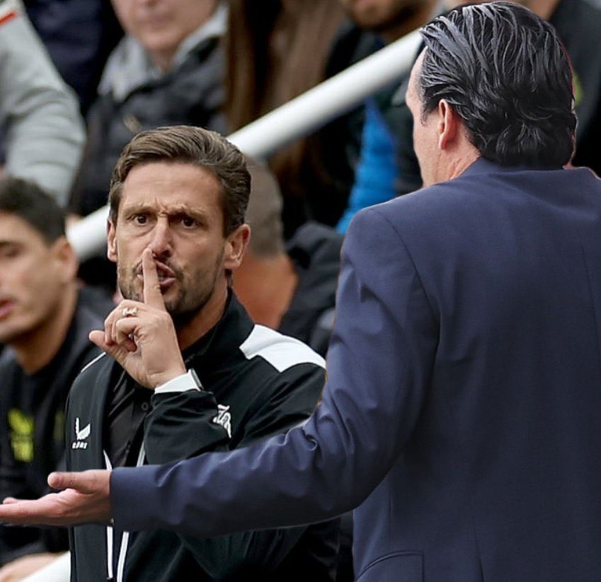 FtblJoe's tweet photo. Jason Tindall tells Unai Emery to shush. 🤫 https://t.co/40uR23Vv5E
