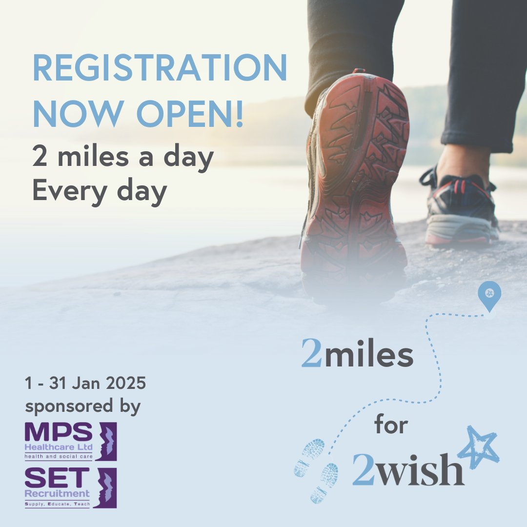 2wish Cymru (@2wishcymru) on Twitter photo Sign up is now LIVE for our 2miles for 2wish Challenge! 👟💙
Starting January 1st, join us for a month-long journey of fitness, fundraising, and fighting the January blues! Ready to take on the challenge?
Sign up today: 2wish.org.uk/events/
<a href="/MPSHealthcare/">MPS Healthcare</a> & <a href="/SET_Recruitment/">SET Recruitment</a> Sign up is now LIVE for our 2miles for 2wish Challenge! 👟💙
Starting January 1st, join us for a month-long journey of fitness, fundraising, and fighting the January blues! Ready to take on the challenge?
Sign up today: 2wish.org.uk/events/
<a href="/MPSHealthcare/">MPS Healthcare</a> & <a href="/SET_Recruitment/">SET Recruitment</a>