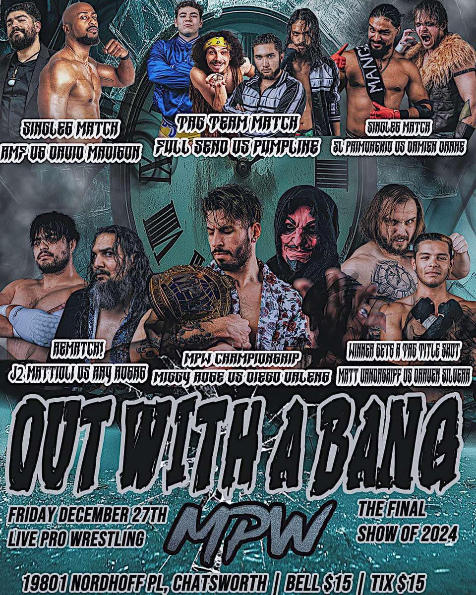TOMORROW! The Final show of 2024!
MPW: Out with a Bang 💥

Main Event! MPW Championship
Miggy Rose vs Diego Valens 

Draven Silvera puts his Tag Team Title opportunity on the line against Matt Vandagriff! 

Tag Team Rivals Clash! 
Full Send vs The Pumpline! 

And more!