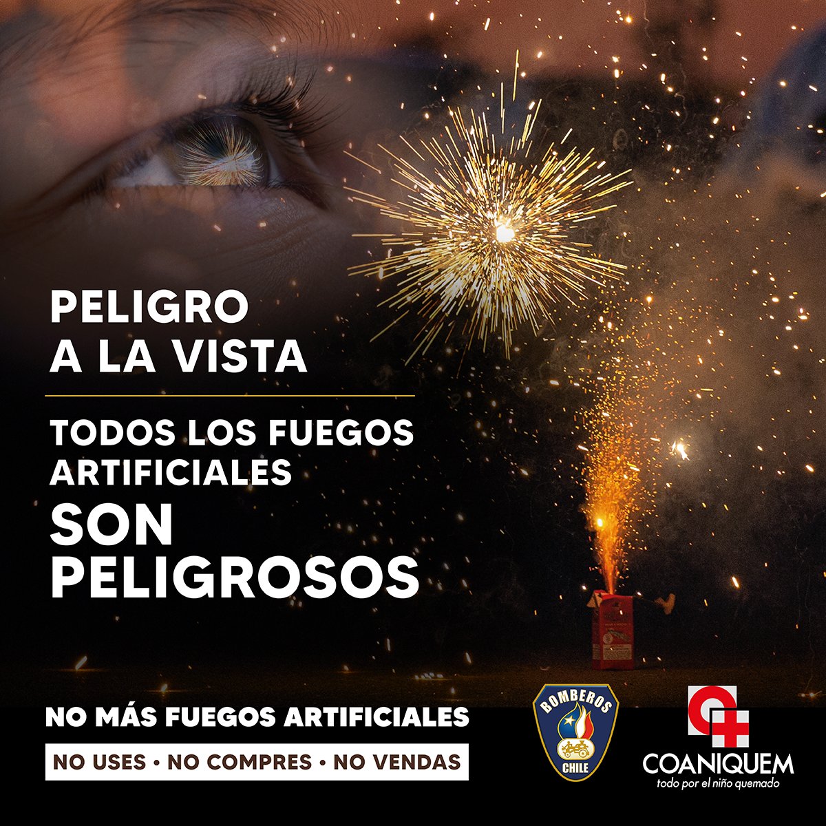 BomberosdeChile's tweet photo. 𝗖𝗢𝗡𝗦𝗘𝗝𝗢𝗦 𝗕𝗢𝗠𝗕𝗘𝗥𝗢𝗦 - 𝗖𝗢𝗔𝗡𝗜𝗤𝗨𝗘𝗠 
¡Peligro a la vista!
Todos los fuegos artificiales son peligrosos.
#NoMásFuegosArtificiales https://t.co/KMkpSSFspO