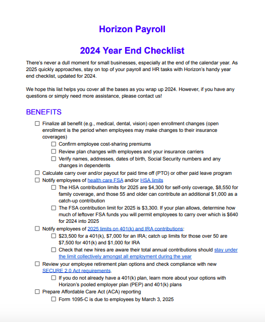 HorizonPaySolu's tweet photo. As we approach the close of 2024, ensuring that your business finishes the year strong and is well-prepared for the upcoming year is crucial. Our checklist will help keep you organized and on track as you wrap up your end-of-year HR and payroll tasks.

https://t.co/MEAvW9TI1m https://t.co/95fH5okdkD