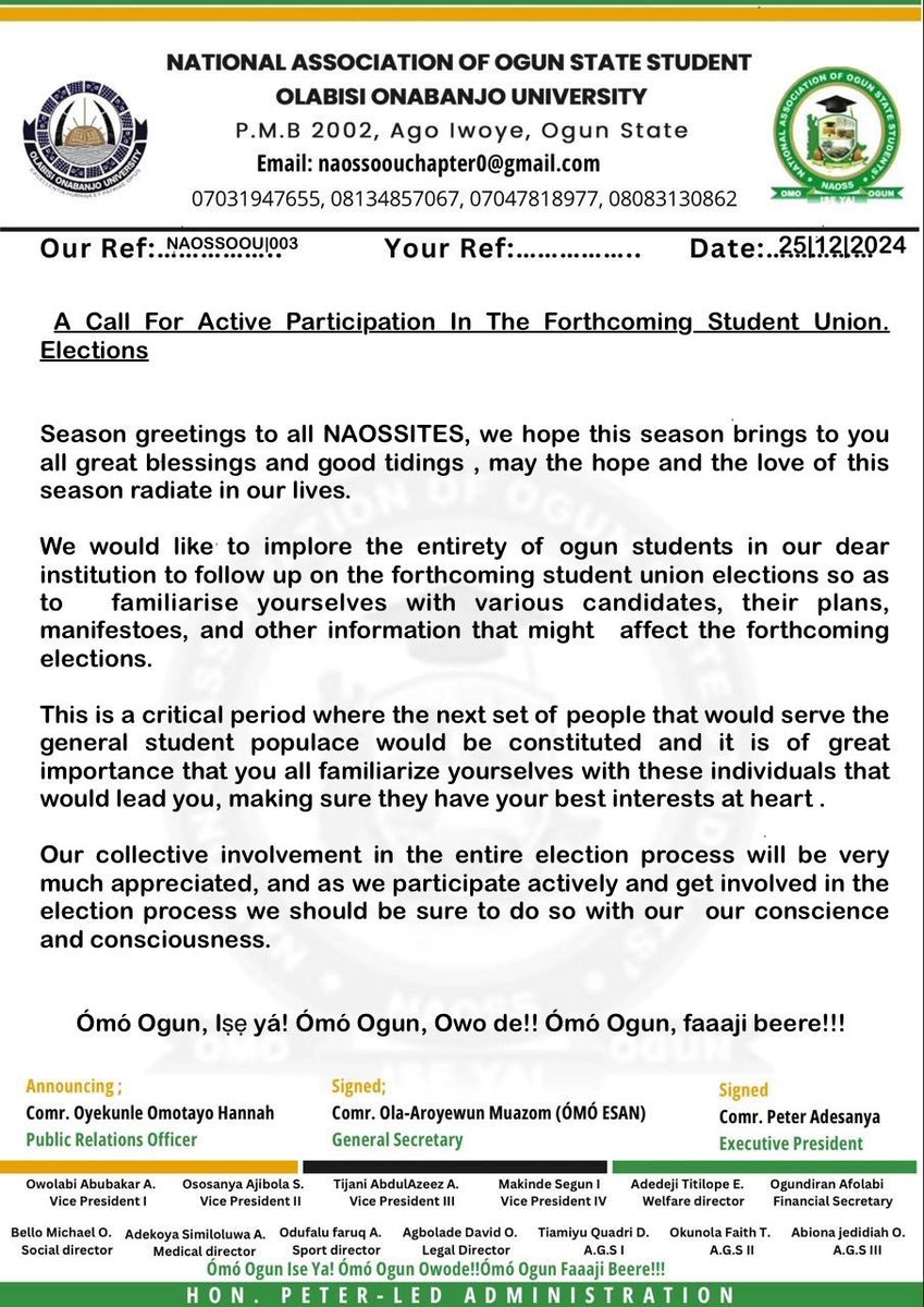 Naoss_OOU's tweet photo. NATIONAL ASSOCIATION OF OGUN STATE STUDENTS-OLABISI ONABANJO UNIVERSITY AGO
IWOYE
2024/2025 ACADEMIC SESSION.

PRESS RELEASE.
26-12-2024 [06:15 PM].

A CALL FOR ACTIVE PARTICIPATION IN THE FORTHCOMING STUDENT UNION ELECTIONS. 

#OUTWITTER 
#OOUSU
#OOUNAOSS https://t.co/7NlOn4izHE