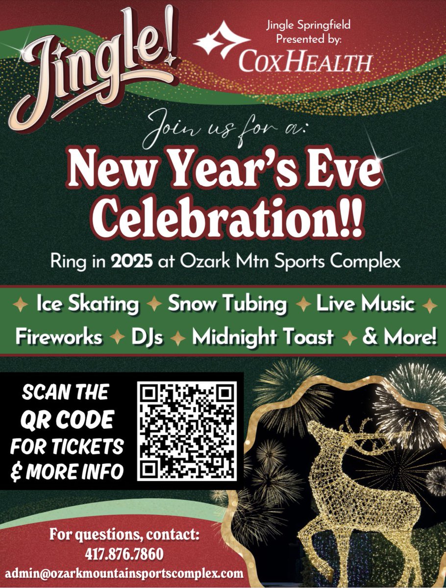 🎉🎆 Ring in the New Year with us at Jingle! 🎆🎉

Join us from 6:30PM to 12 for a celebration filled with fun for the whole family! Ice skating, tubing, live music, a midnight toast, and a fireworks show! 
Don’t miss the excitement — we can’t wait to celebrate with you!