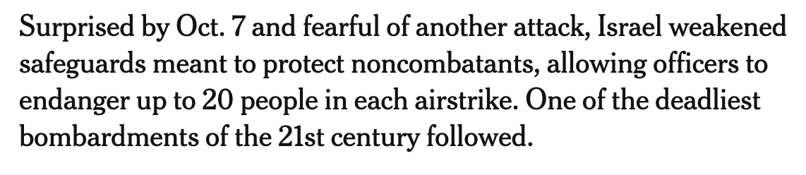 You can see the problems with how the <a href="/nytimes/">The New York Times</a> frames what should already be common knowledge from its subheading.

The newspaper offers empathy towards Israel for the reasons it committed these terrible war crimes. Literally more empathy than for the victims.