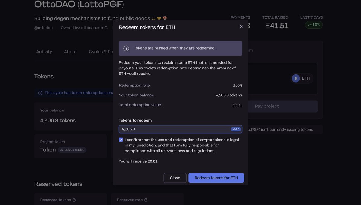 OttoDAO Juicebox Campaign update:

ETH redemptions are now enabled on juicebox.money/v2/p/762?tabid….

Unfortunately, the campaign didn’t get to the target the builders in OttoDAO felt comfortable with for the long term. For that reason, any ETH contribution made to the Juicebox