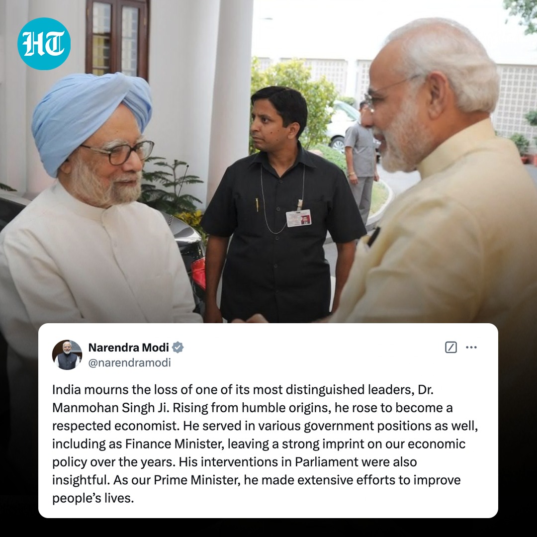 htTweets's tweet photo. Former PM of India #DrManmohanSingh passed away aged 92. PM @NarendraModi tweets, "India mourns the loss of one of its most distinguished leaders, Dr. Manmohan Singh Ji. Rising from humble origins, he rose to become a respected economist.."

See more tributes: https://t.co/RT7pZxrfE8