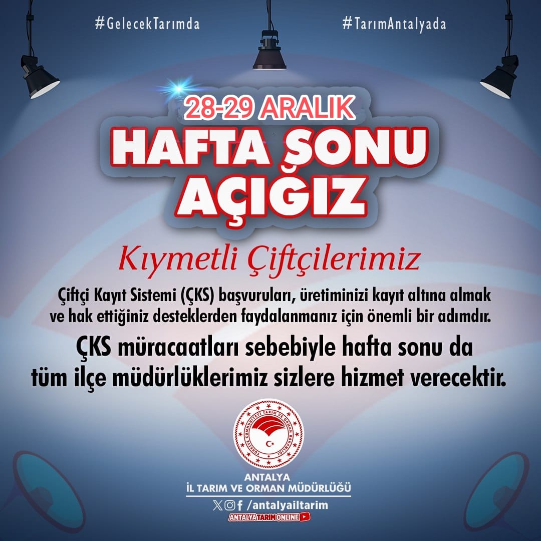 Muratpaşa İlçe Tarım ve Orman Müdürlüğü (@muratpasa_tarim) on Twitter photo #HaftaSonuAçığız
📢Kıymetli Üreticilerimiz
31 Aralık tarihine kadar "E-DEVLET üzerinden veya İL ve İLÇE MÜDÜRLÜKLERİMİZDEN" Çiftçi Kayıt Sistemi'ne başvurunuzu yapabilirsiniz. 👋
#Muratpasatarim
<a href="/ibrahimyumakli/">İbrahim Yumaklı</a>
<a href="/FratErkal/">Fırat Erkal</a>
<a href="/ihsankara41/">ihsan kara</a>
<a href="/musty42sener/">Mustafa ŞENER</a>
<a href="/TCTarim/">T.C. Tarım ve Orman Bakanlığı</a>
<a href="/antalyailtarim/">Antalya İl Tarım ve Orman Müdürlüğü</a> #HaftaSonuAçığız
📢Kıymetli Üreticilerimiz
31 Aralık tarihine kadar "E-DEVLET üzerinden veya İL ve İLÇE MÜDÜRLÜKLERİMİZDEN" Çiftçi Kayıt Sistemi'ne başvurunuzu yapabilirsiniz. 👋
#Muratpasatarim
<a href="/ibrahimyumakli/">İbrahim Yumaklı</a>
<a href="/FratErkal/">Fırat Erkal</a>
<a href="/ihsankara41/">ihsan kara</a>
<a href="/musty42sener/">Mustafa ŞENER</a>
<a href="/TCTarim/">T.C. Tarım ve Orman Bakanlığı</a>
<a href="/antalyailtarim/">Antalya İl Tarım ve Orman Müdürlüğü</a>