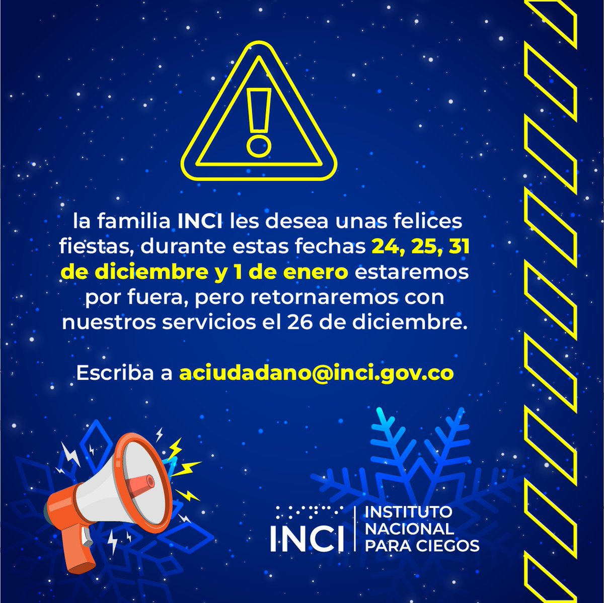INCI_colombia's tweet photo. #INCIInforma | Este 31 de diciembre y el 1 enero, nuestras puertas estarán cerradas. Tanto la Oficina de Atención al Ciudadano como la #TiendaINCI no prestarán servicio.
Si tiene alguna consulta, escríbanos al correo aciudadano@inci.gov.co
¡Gracias por su compresión! https://t.co/UjUqAjzFP1