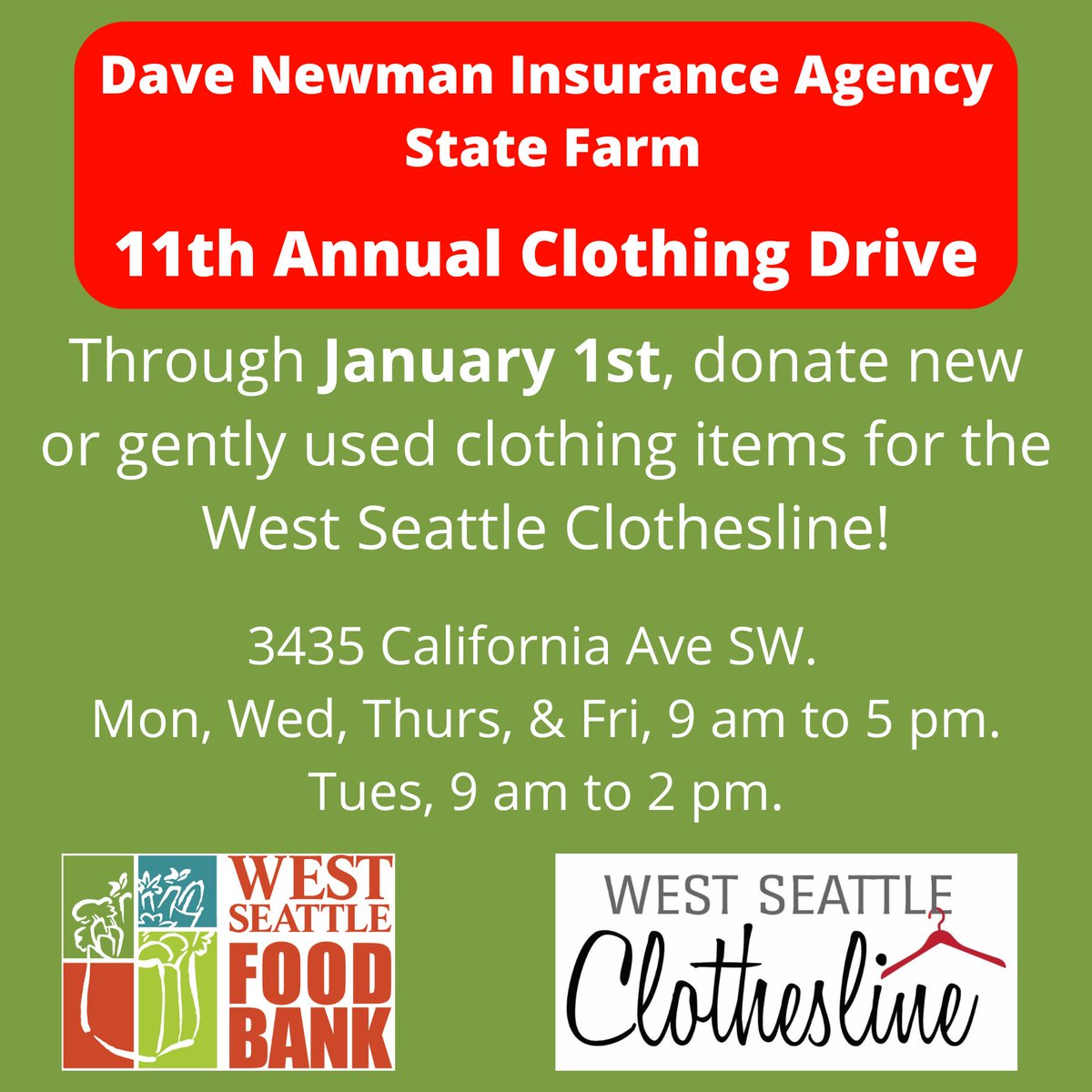 WSFoodBank's tweet photo. Dave Newman Insurance Agency with State Farm are holding their annual clothing drive for the West Seattle Clothesline! Through January 1st, drop off new &amp; gently used items at the office at 3435 California Ave. Winter apparel and men's clothing is especially in need right now. https://t.co/pV7mJnxzSg