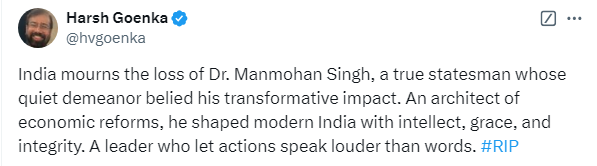 NDTVProfitAlpha's tweet photo. #RPGEnterprises' Harsh Goenka mourns the death of former PM #ManmohanSingh.
Read: https://t.co/u5uyjXzXQJ https://t.co/ccaWGiLszr