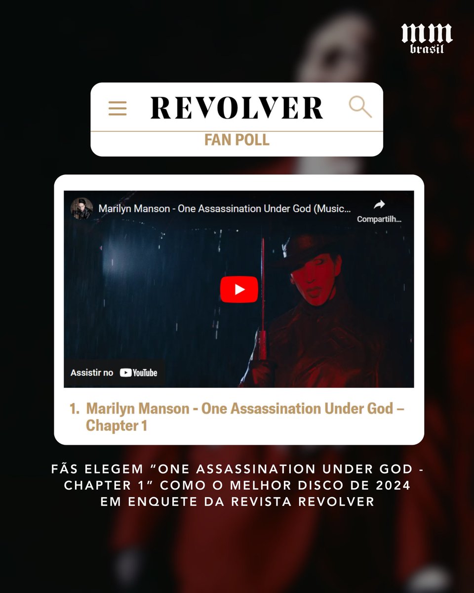 mmansonbr's tweet photo. "One Assassination Under God - Chapter 1" venceu a enquete por votação popular feita pela @revolvermag para eleger o melhor disco de 2024!
"O disco marca um retorno triunfante" diz parte da matéria feita com o anúncio.
#marilynmanson #oaug #tylerbates #nuclearblast #revolvermag https://t.co/MlMX4ByI9s