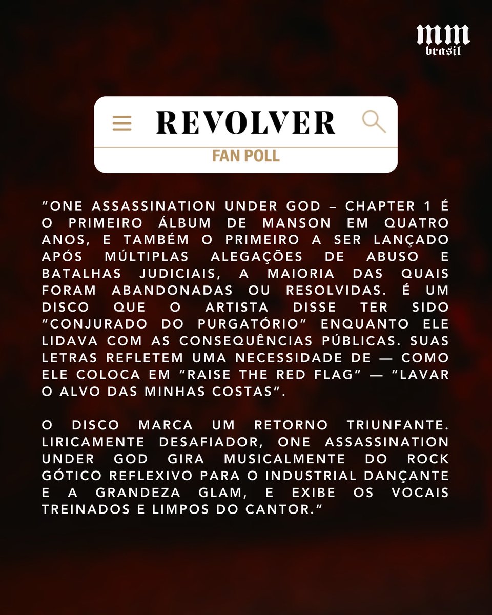 "One Assassination Under God - Chapter 1" venceu a enquete por votação popular feita pela <a href="/revolvermag/">revolvermag</a> para eleger o melhor disco de 2024!

"O disco marca um retorno triunfante" diz parte da matéria feita com o anúncio.

#marilynmanson #oaug #tylerbates #nuclearblast #revolvermag