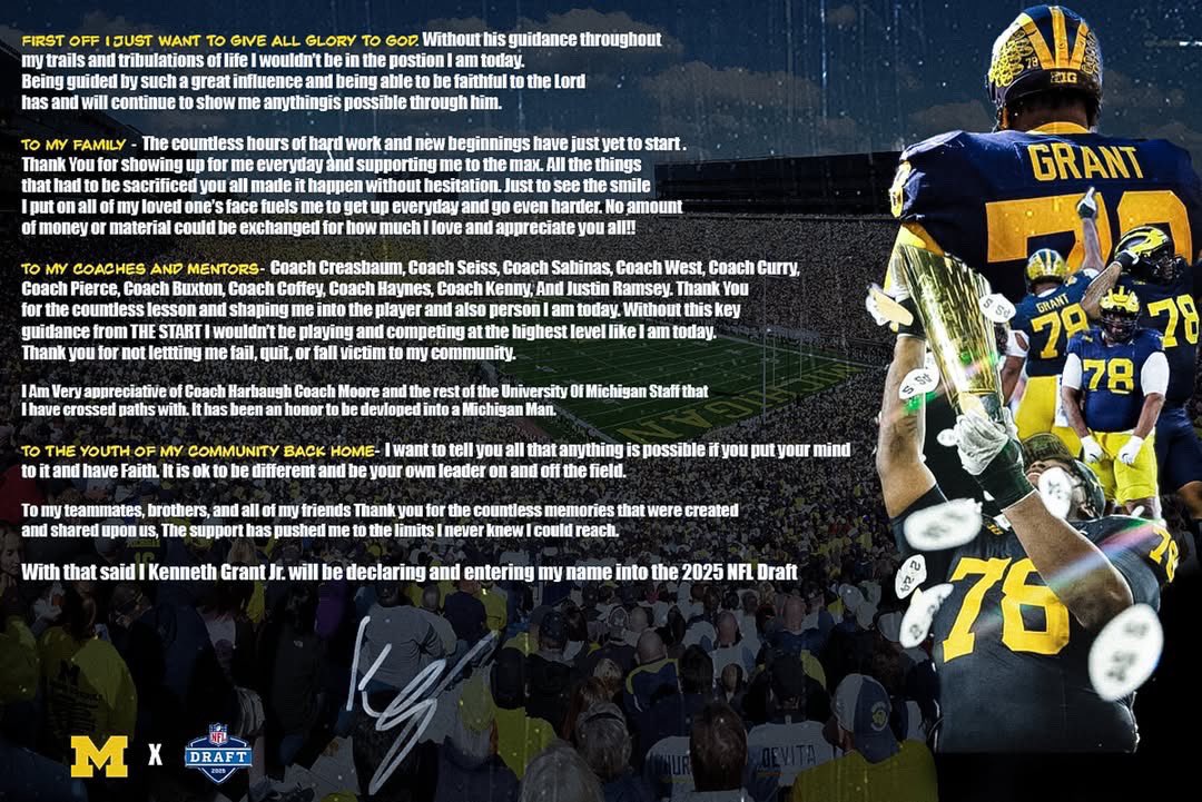 Michigan DT Kenneth Grant has declared for the 2025 NFL Draft