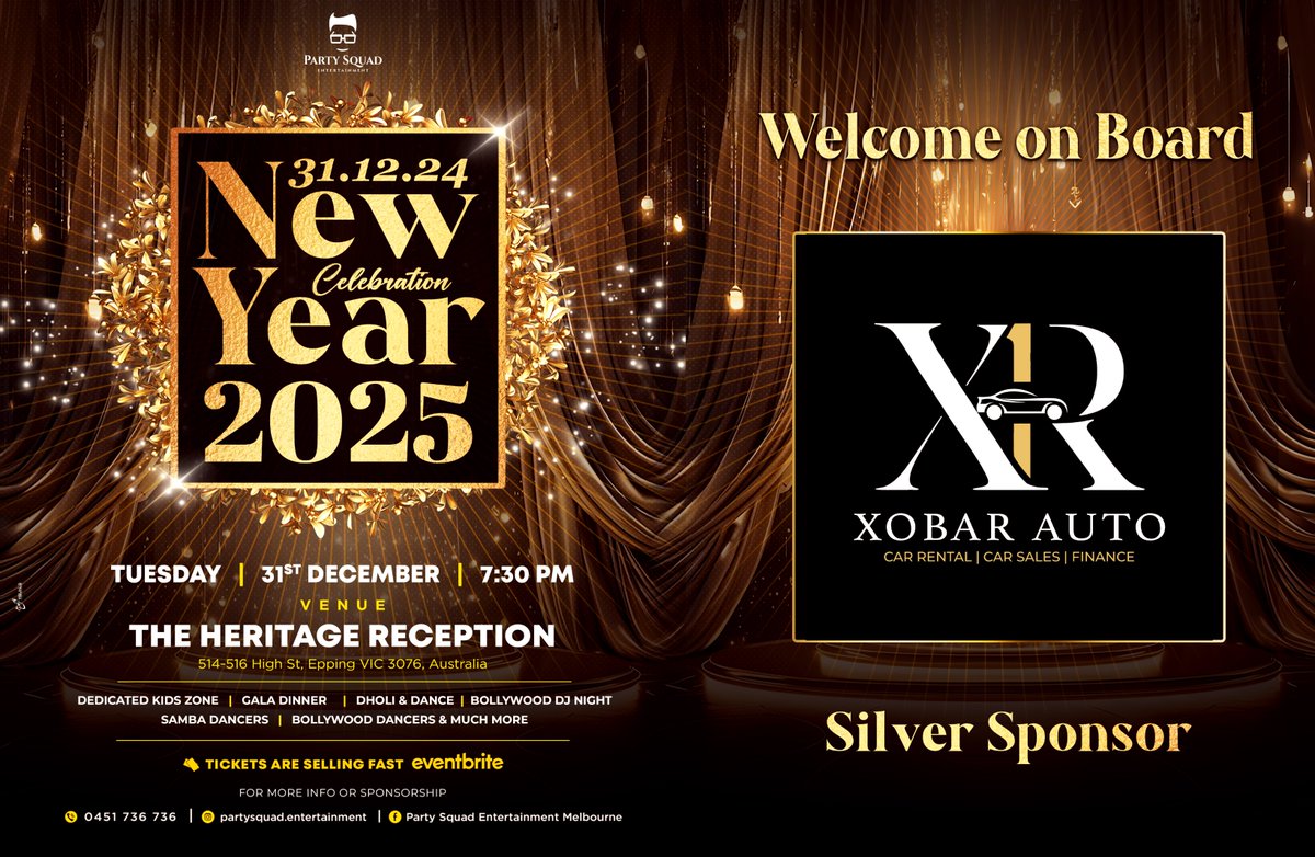 xobarauto's tweet photo. XOBAR AUTO is proud to be a Silver Sponsor for the grand New Year Celebration 2025 with Party Squad Entertainment! 🎉✨

Get Tickets: https://t.co/tT0YJORSHP.

#XobarAuto #NewYear2025 #PartySquadEntertainment #SilverSponsor #MelbourneEvents #LuxuryThatMovesYou https://t.co/rhHLmbjdZJ