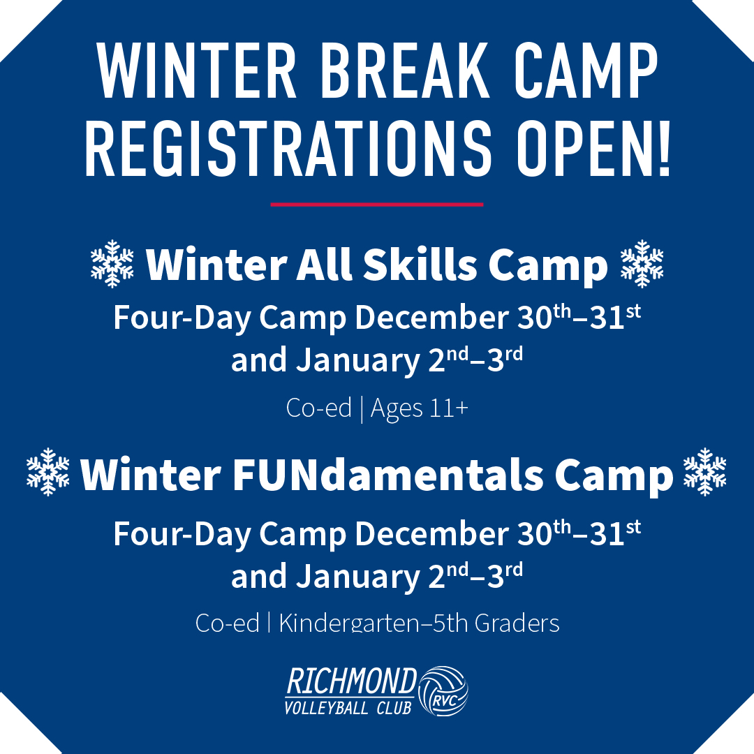 Richmond Volleyball Club (@rvc_net) on Twitter photo Registrations are open for our Winter Break Camps on Dec. 30-31 and Jan. 2-3! Sign up today to save your spot! ๐
โ๏ธ ๐๐ข๐ง๐ญ๐๐ซ ๐๐ฅ๐ฅ ๐๐ค๐ข๐ฅ๐ฅ๐ฌ ๐๐๐ฆ๐ฉ (๐๐ ๐๐ฌ ๐๐+):
โ๏ธ ๐๐ข๐ง๐ญ๐๐ซ ๐
๐๐๐๐๐ฆ๐๐ง๐ญ๐๐ฅ๐ฌ ๐๐๐ฆ๐ฉ (๐๐ซ๐๐๐๐ฌ ๐โ๐):
๐ | rvc.net/camps Registrations are open for our Winter Break Camps on Dec. 30-31 and Jan. 2-3! Sign up today to save your spot! ๐
โ๏ธ ๐๐ข๐ง๐ญ๐๐ซ ๐๐ฅ๐ฅ ๐๐ค๐ข๐ฅ๐ฅ๐ฌ ๐๐๐ฆ๐ฉ (๐๐ ๐๐ฌ ๐๐+):
โ๏ธ ๐๐ข๐ง๐ญ๐๐ซ ๐
๐๐๐๐๐ฆ๐๐ง๐ญ๐๐ฅ๐ฌ ๐๐๐ฆ๐ฉ (๐๐ซ๐๐๐๐ฌ ๐โ๐):
๐ | rvc.net/camps