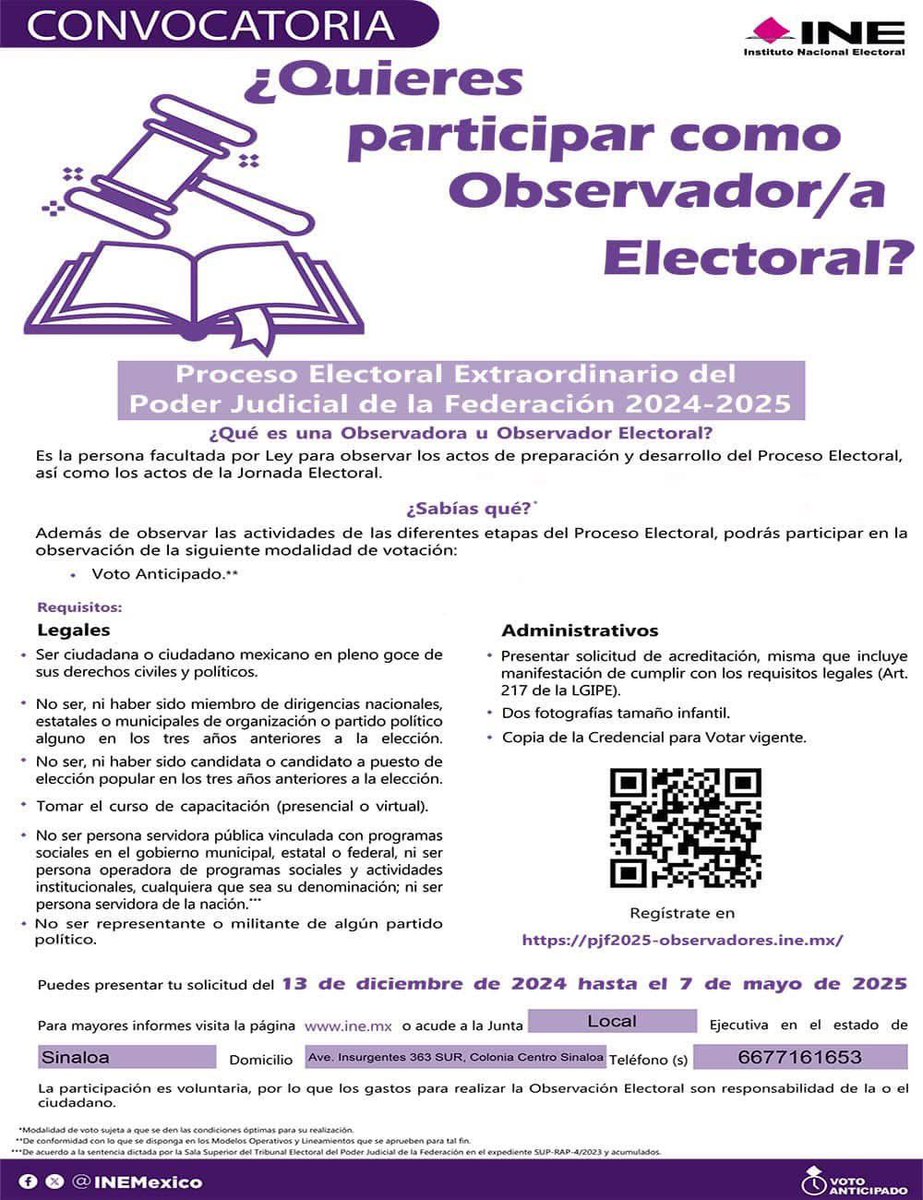 El <a href="/INESinaloa/">INE Sinaloa</a> te invita a participar como Observador/a Electoral en el Proceso Electoral Extraordinario del Poder Judicial de la Federación 2024-2025.
El registro estará disponible a partir del 6 de enero en: pjf2025-observadores.ine.mx

¡Consulta la Convocatoria!