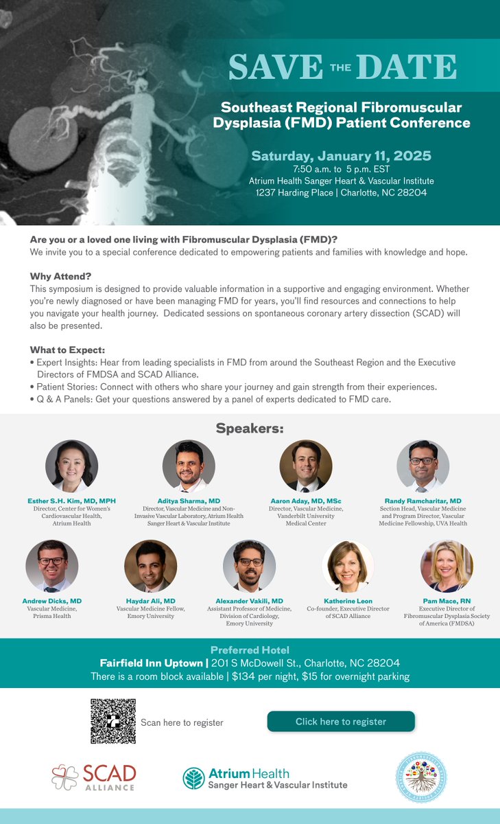 FMDSA (@fmdartery) on Twitter photo Southeast Regional #FMD Patient Conference, being hosted on Saturday, January 11th, 2025, <a href="/AtriumSHVI/">Atrium Health Sanger Heart & Vascular Institute</a> Charlotte, NC.
📍Expert Insights
📍Patient Stories
📍Q&A Panels
Register to attend this "in-person" meeting on this link (or scan the QR code)
tinyurl.com/ydn7vsr5 Southeast Regional #FMD Patient Conference, being hosted on Saturday, January 11th, 2025, <a href="/AtriumSHVI/">Atrium Health Sanger Heart & Vascular Institute</a> Charlotte, NC.
📍Expert Insights
📍Patient Stories
📍Q&A Panels
Register to attend this "in-person" meeting on this link (or scan the QR code)
tinyurl.com/ydn7vsr5