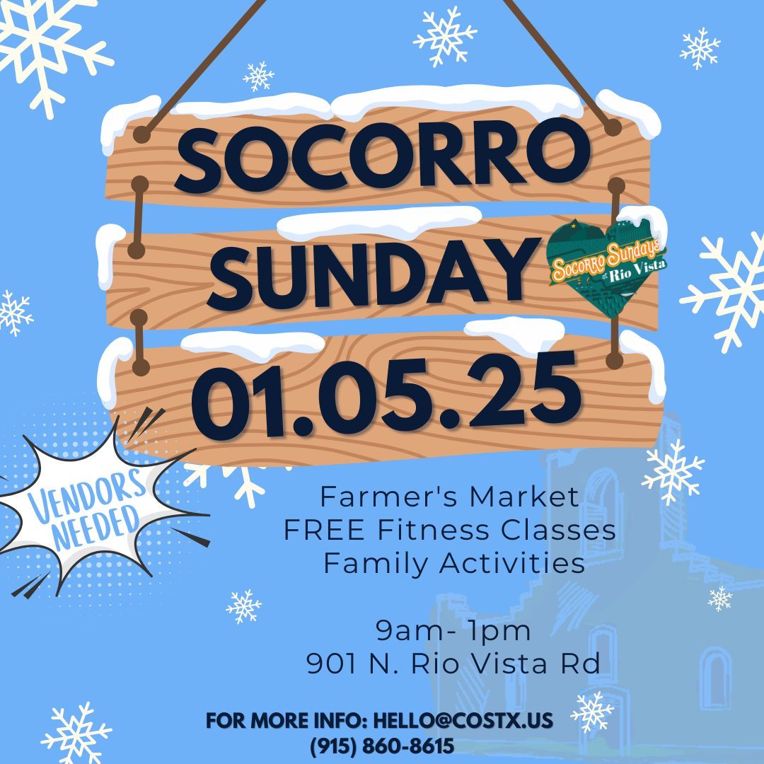City of Socorro, Texas (@city_of_socorro) on Twitter photo 🎉 Calling all vendors! 🎉
Set up your booth **FOR FREE** on **Sunday, January 5**! Spaces are limited, so don’t wait—reserve your spot today and showcase your goods or services to the community!
📧 Email: Hello@costx.us
📞 Call: (915) 860-8615 🎉 Calling all vendors! 🎉
Set up your booth **FOR FREE** on **Sunday, January 5**! Spaces are limited, so don’t wait—reserve your spot today and showcase your goods or services to the community!
📧 Email: Hello@costx.us
📞 Call: (915) 860-8615