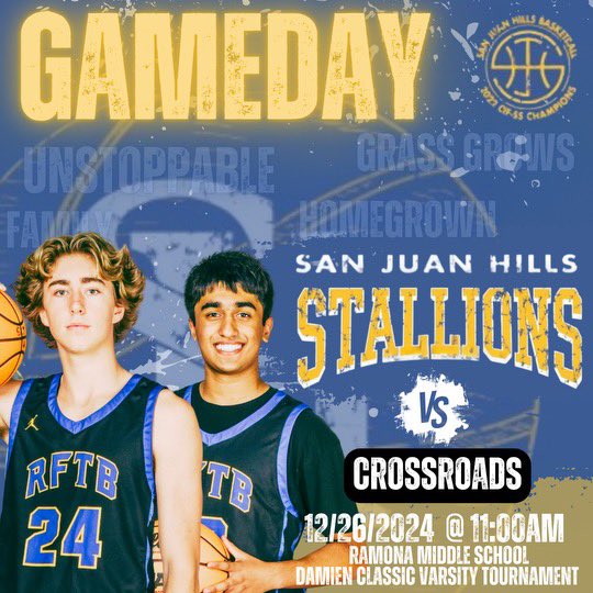 sjhhsbasketball's tweet photo. 🚨#GAMEDAY🚨
The #STALLIONS (10-2) take on Crossroads in gm 1 of @ClassicAtDamien #DiamondDivision!
📍Ramona MS (La Verne)
🕛 11:00am
🎟️ Tickets at door
#RFTB #UNSTOPPABLE #NoBetterPlace #HOMEGROWN
@sjhhsathletics @ocvarsity @FullTimeHoops1 @FrankieBur https://t.co/6najrmPmkn