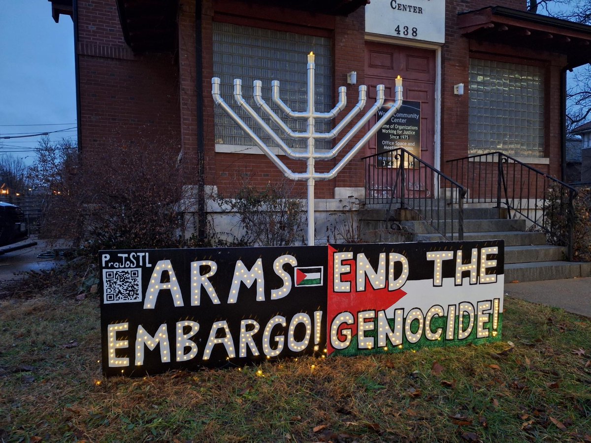 This Hanukkah, we in ProJoSTL rededicate ourselves to ending the genocide. Our community menorah will stand throughout Hanukkah, shining a light on the continued destruction and brutality against the Palestinian people, funded by our U.S. tax dollars.