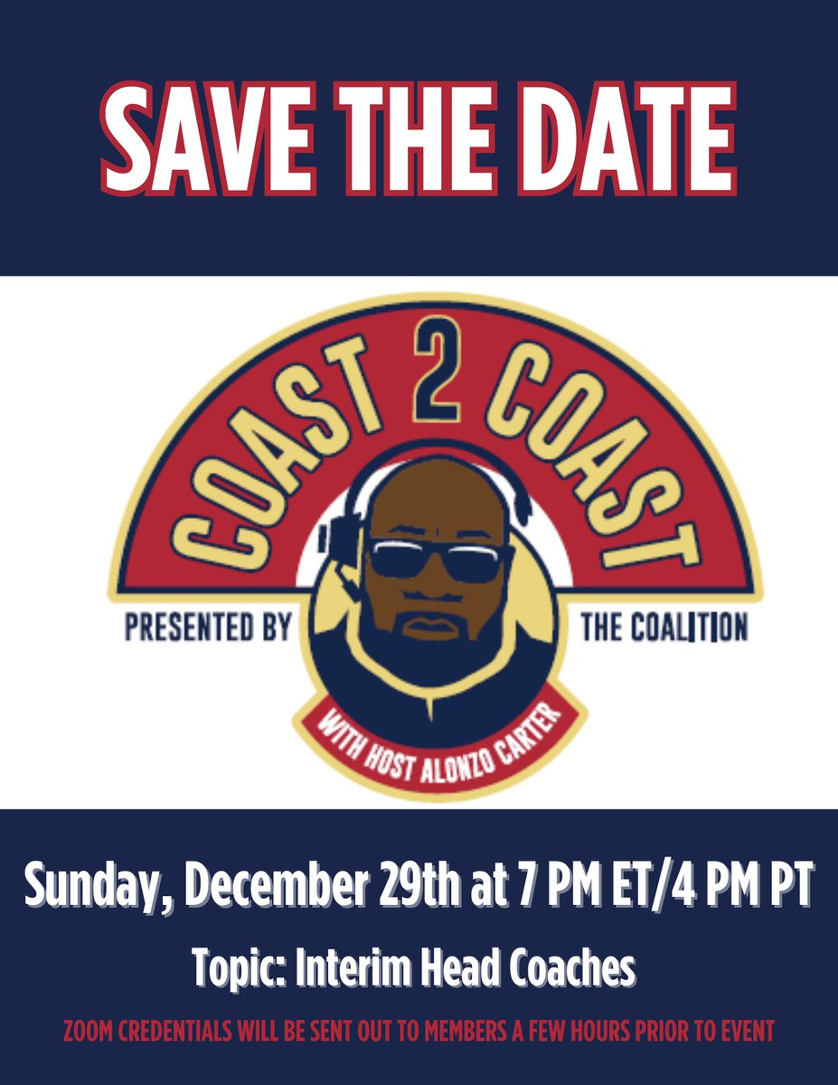 NCMFC1's tweet photo. It's that time of year again. The Coast-2-Coast Zoom clinics are back.

Join #NCMFC Executive Committee Chair @RealCoachCarter at 7 PM ET/4 PM PT this Sunday as he and the panel discuss what it's like to be an interim head coach and also on the staff.

#JoinTheCoalition https://t.co/DT54CLkXKv