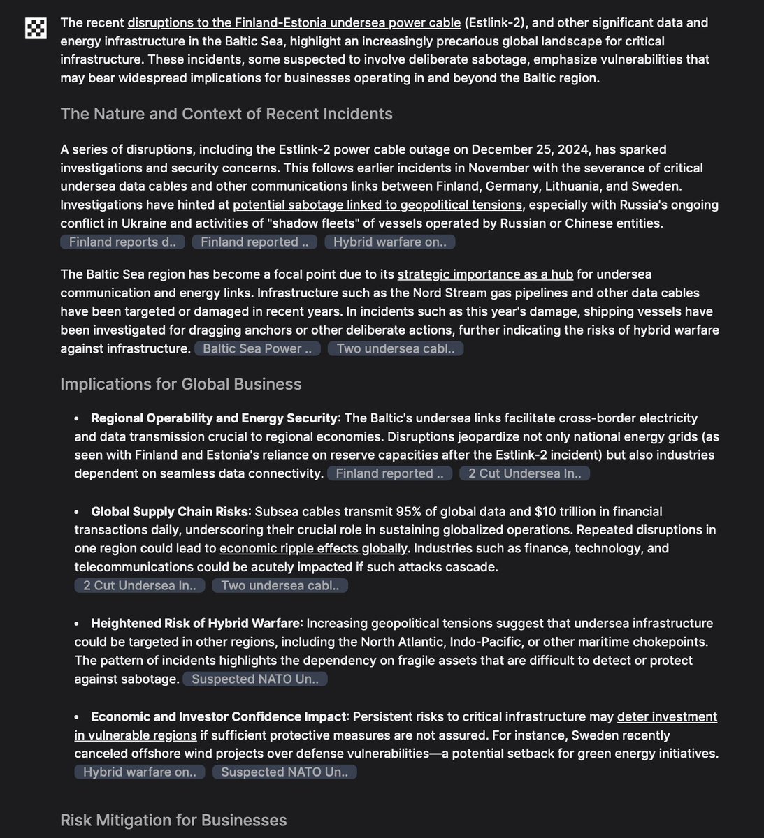 jahven's tweet image. Sea cable incidents between Estonia and Finland cannot be ignored. Businesses can no longer overlook these developments. See attached when analyzed it with @MissionGrey  tools.
#geopolitics #geoeconomic #security #energy #infrastructure #Finland #Estonia #seacables