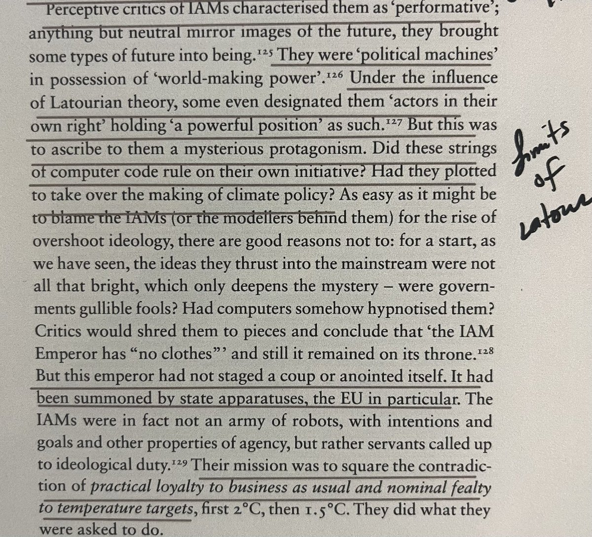 triofrancos's tweet photo. There are ofc real limitations to Latour insofar as Actor Network Theory can displace political agency onto assemblages of humans, nonhuman nature + technological artifacts. Here’s Malm in Overshoot on how this slippage operates in computer models of “bourgeois climate economics” https://t.co/xrTAI3ENgf