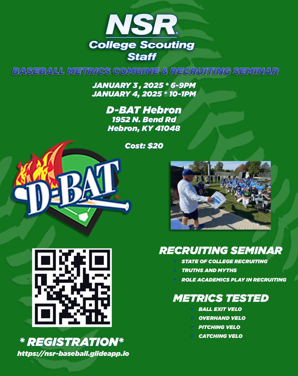 ⚾️NSR Baseball Metrics Combine and Recruiting Seminar in Hebron, KY⚾️

📆 January 3, 2025 * 6pm
📆 January 4, 2025 * 10am
📍 D-Bat Hebron
        1952 N. Bend Rd
        Hebron, KY 41048

Register at this link or the QR code below

nsr-baseball.glideapp.io