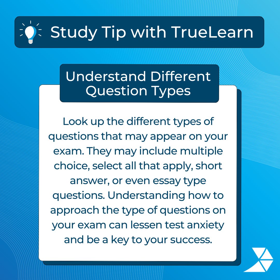 TrueLearnLLC's tweet image. Study Tip with TrueLearn 💡

Know the question types ahead of time. Understanding how to tackle these formats can ease anxiety and set you up for success. 

Learn more at truelearn.com!

#studytips #questiontypes #learning #study #healthcare #smartbank #truelearn