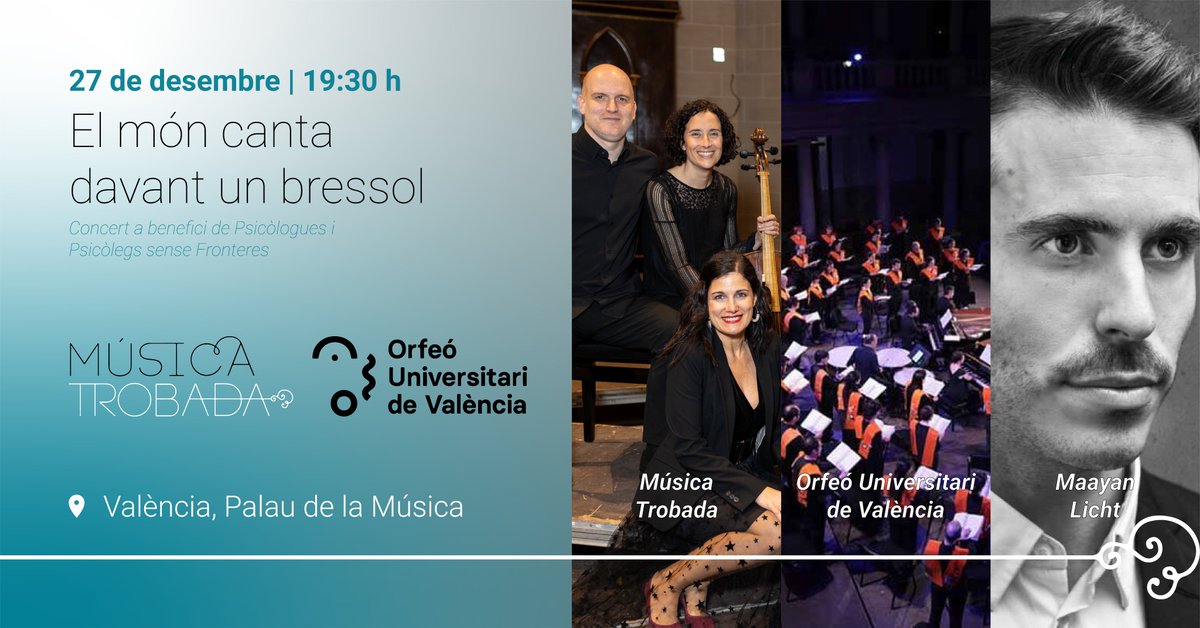 Música Trobada (@musicatrobada) on Twitter photo 🎄 Demà vos esperem al <a href="/palaumusicavlc/">Palau de la Música</a> per al tradicional concert de Nadal de l' #OrfeóUniversitarideValència amb el sopranista <a href="/MaayanLicht/">Maayan Licht</a>!
🤝 Entrada del concert a benefici de Psicòlogues i Psicòlegs sense fronteres,
🎟 Entrades bit.ly/49RbDC3 🎄 Demà vos esperem al <a href="/palaumusicavlc/">Palau de la Música</a> per al tradicional concert de Nadal de l' #OrfeóUniversitarideValència amb el sopranista <a href="/MaayanLicht/">Maayan Licht</a>!
🤝 Entrada del concert a benefici de Psicòlogues i Psicòlegs sense fronteres,
🎟 Entrades bit.ly/49RbDC3