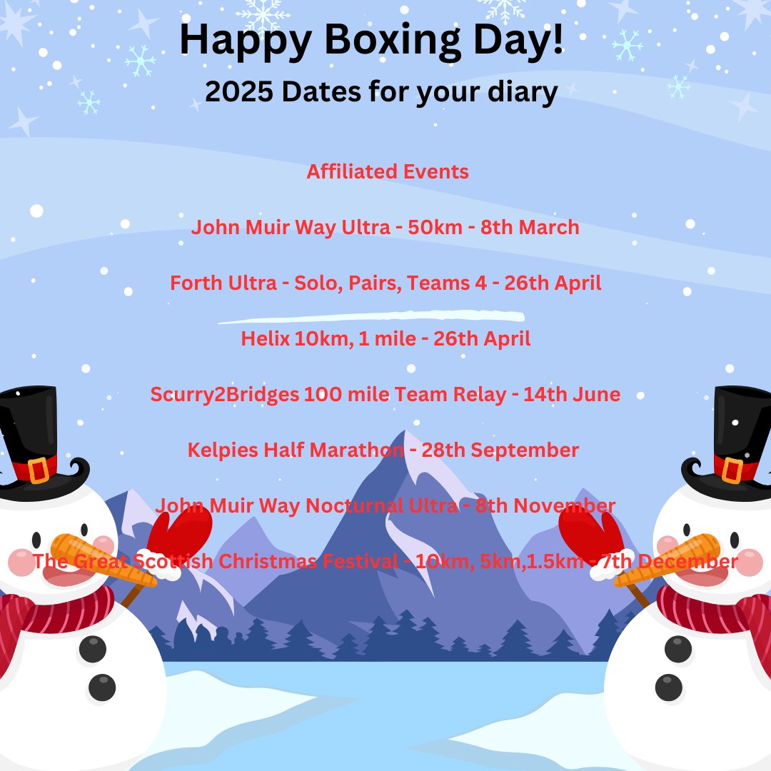 Happy Boxing Day! - Dates for your diary!

Next up is Vogrie on the 19th of Jan - entrycentral.com/ScurryVogrieTy…

Lots of Going Live Announcements coming soon 🙂

scurryevents.co.uk
johnmuirwayultra.com
scurry2bridges.co.uk
forthultra.co.uk
kelpieshalfmarathon.co.uk