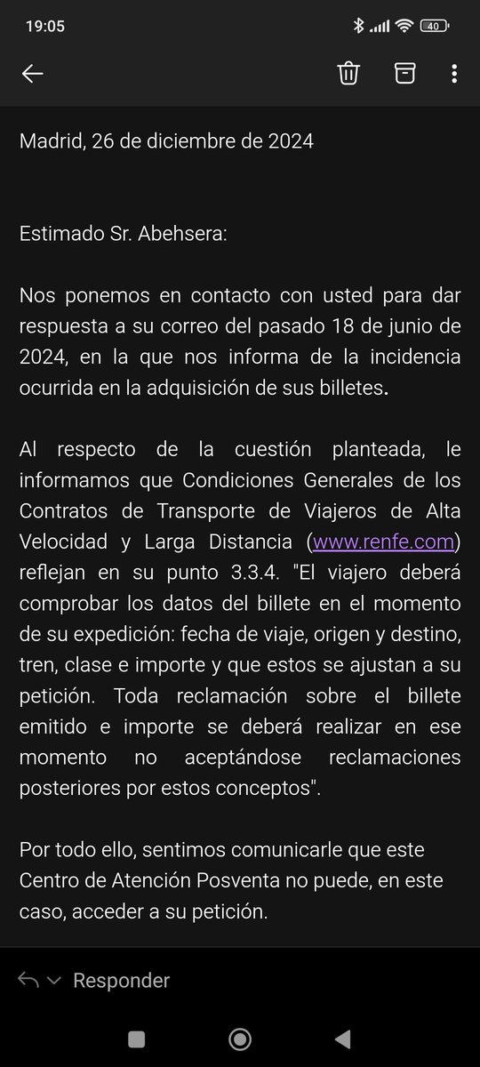 CarlosAbehsera's tweet photo. Ni 6 horas, ni 6 días, ni 6 semanas. Renfe @Inforenfe ha tardado 6 meses en resolver una reclamación por un error de billete producido al comprar desde el móvil en su web. Ahora comprendo mucho mejor en este tema a @JaimeObregon. Vaya desastre de servicio. https://t.co/eRFrrJRzvN