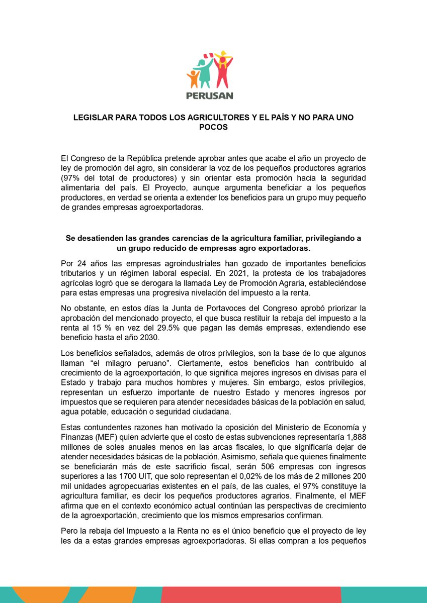 CEPES_RURAL's tweet photo. 📢 #Pronunciamiento | El Congreso quiere aprobar una ley que beneficia a grandes empresas, ignorando las necesidades de millones de pequeños agricultores.
¡Exijamos al Congreso que priorice la agricultura familiar y la seguridad alimentaria! 
#AgriculturaFamiliar #NuevaLeyAgraria https://t.co/4NTxuEtWGe