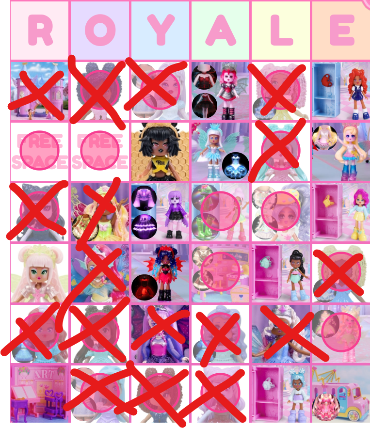 saipppua's tweet photo. My RH bingo so far, but the red ❌ means I can't get them in my country </3 
The only big doll i'd want is the dark fairy one 🥲
#royalehigh https://t.co/e2Jn7yA5eD
