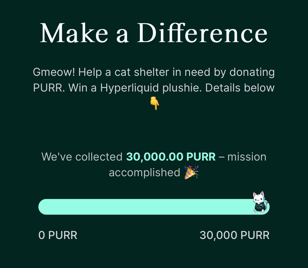 Blown away by the response to this campaign. We reached the target in just 3 hours and 16 minutes 🤯

This community is something else 💚

Hyperliquid