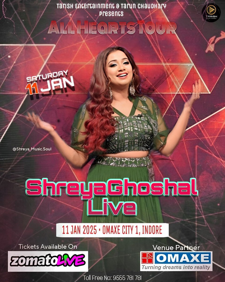 ShreyaMusicSoul's tweet photo. ShreyaGhoshal Live | 2024-25 
AllHeartsTour - india
@shreyaghoshal❤️

Date : 11-JAN-25
Venue : Omaxe City 1 , INDORE

Presented by ;
Tarish Entertainment &amp; Tarun Chaudhary ❣️

Tickets Available On https://t.co/NhkfTH2OT6 ✨

❌No Repost❌

📌#Fanmade Poster _Made by me😁 https://t.co/r9ugqHdxJh