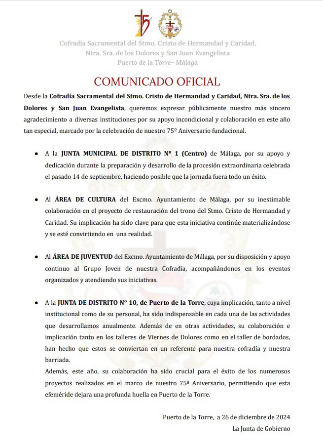DoloresPtoTorre's tweet photo. OFICIAL - Va terminando el año, y desde nuestra hermandad queremos hacer públicamente nuestro agradecimiento a las entidades públicas que han colaborado con nuestra corporación a lo largo de 2024 en todos los eventos y actos que hemos realizado.

#CofradiasMLG https://t.co/Deob06nPHg