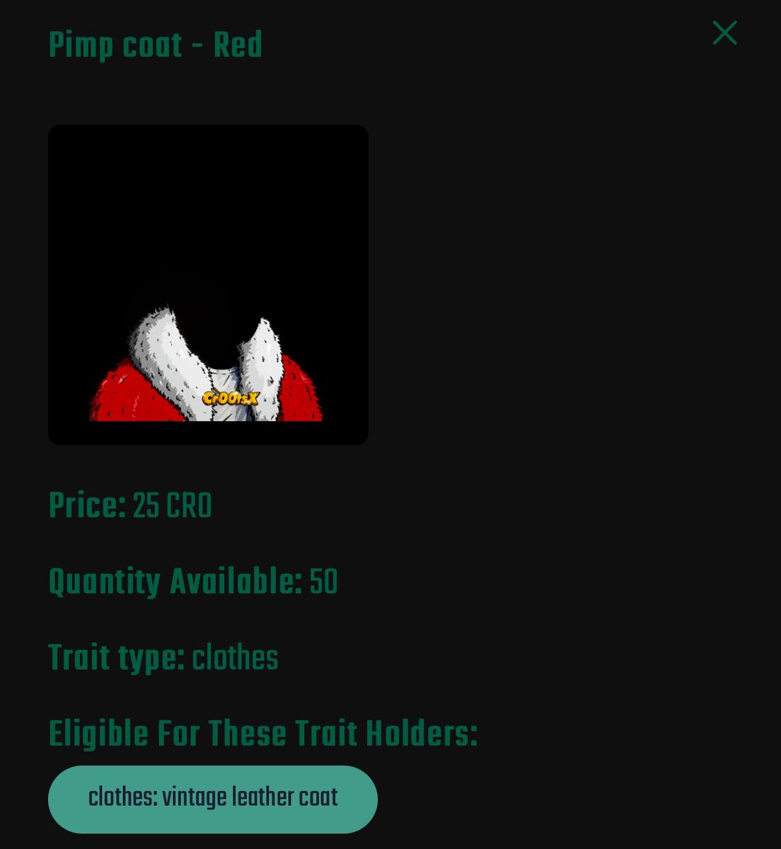 New trait in: #TheXLabsDNA 🧪🧬

100% of the sales revenue from this specific trait will go back to holders of Cr00ts-X NFTs as a Christmas gift in the next revenue share🎅🏽🎁

Pimp coat - Red
(Vintage leather coat)

Supply: 50
Price: 25cro

Get yours here:
cr00ts.dappz.tech