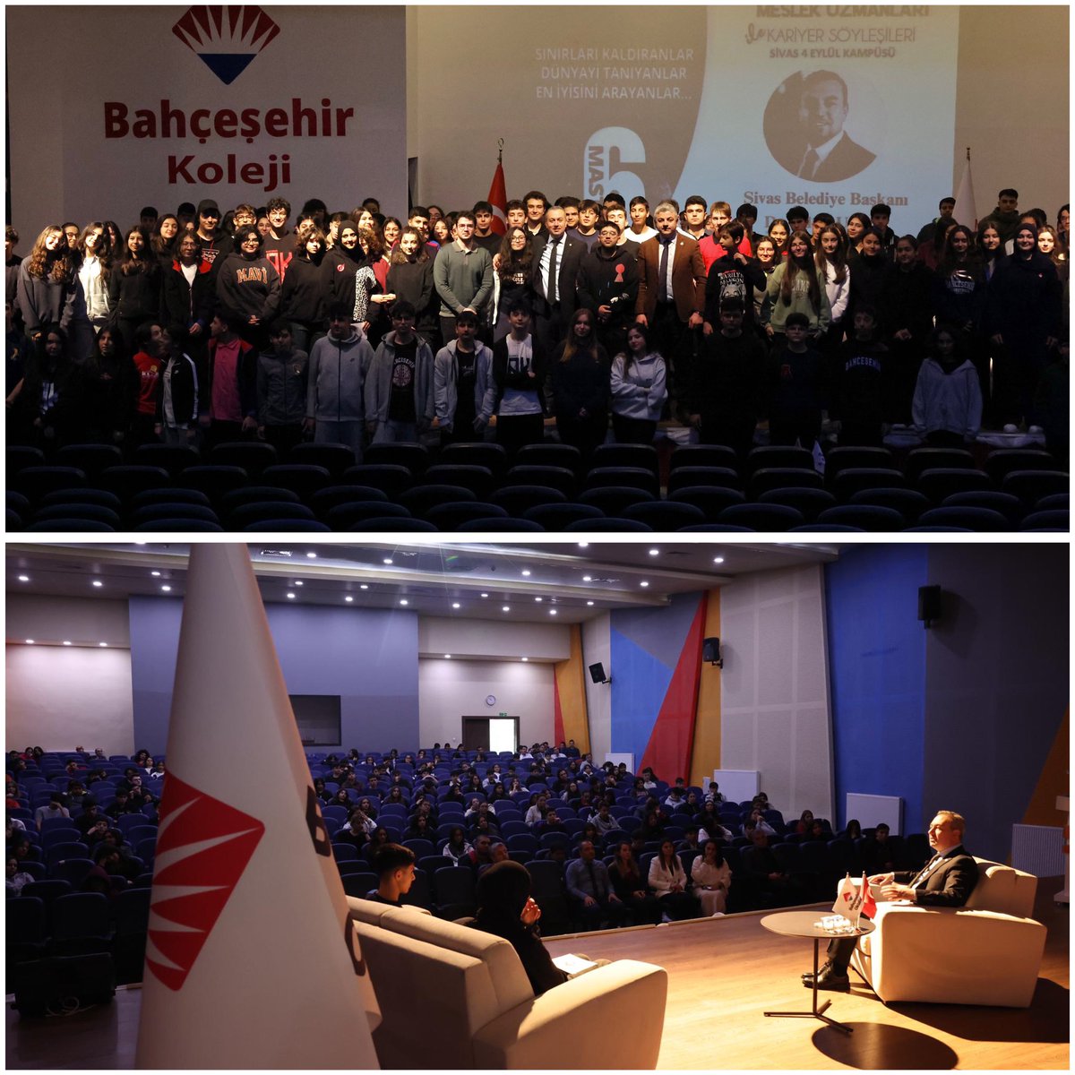 BahcesehirSivas's tweet photo. Belediye Başkanımız Sayın Dr. Adem UZUN, “Meslek Uzmanları ile Kariyer Söyleşileri” kapsamında öğrencilerimizle bir araya geldi.
Öğrencilerimizin sorularını cevaplayan sayın UZUN’a değerli paylaşımları için çok teşekkür ederiz.
#Master6 https://t.co/Pz3qjfTDEO