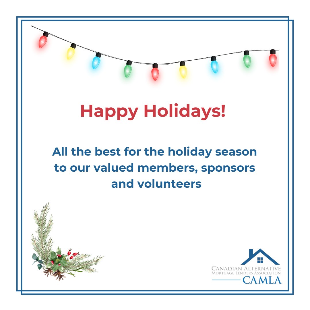 We hope you have a wonderful holiday season with friends and family.

Please note: Our office will reopen on January 2nd.

#HappyHolidays #realestate #mortgage #mortgageinvestmentcorporation #MIC #privatelending #alternativelending #mortgagebrokers #CAMLA