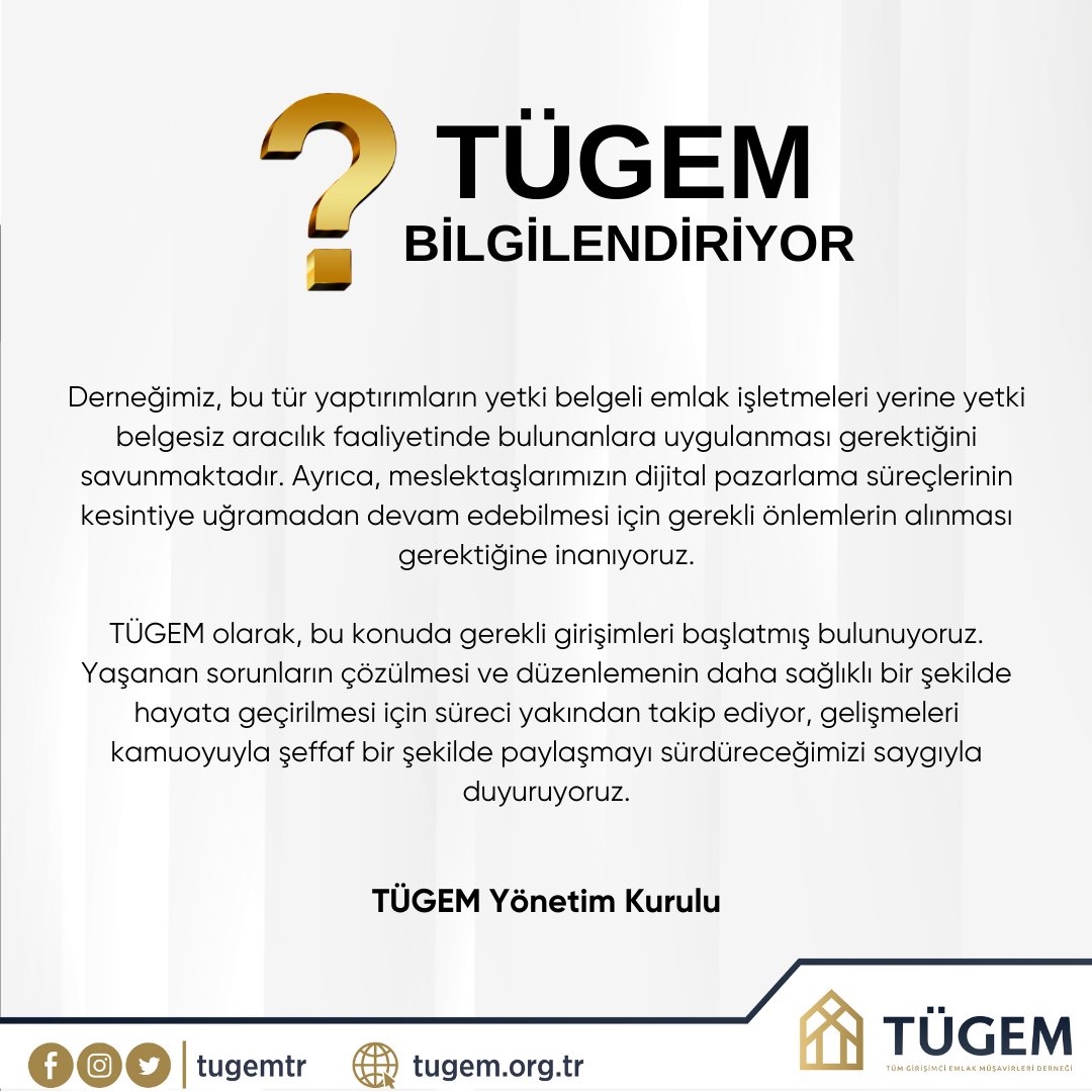 TÜGEM Bilgilendiriyor!

Ticaret Bakanlığı tarafından hayata geçirilen Elektronik İlan Doğrulama Sistemi (EİDS), taşınmaz ilanlarında güvenliği artırmayı hedeflemekte ve sosyal medya dahil tüm ilanları kapsamaktadır.