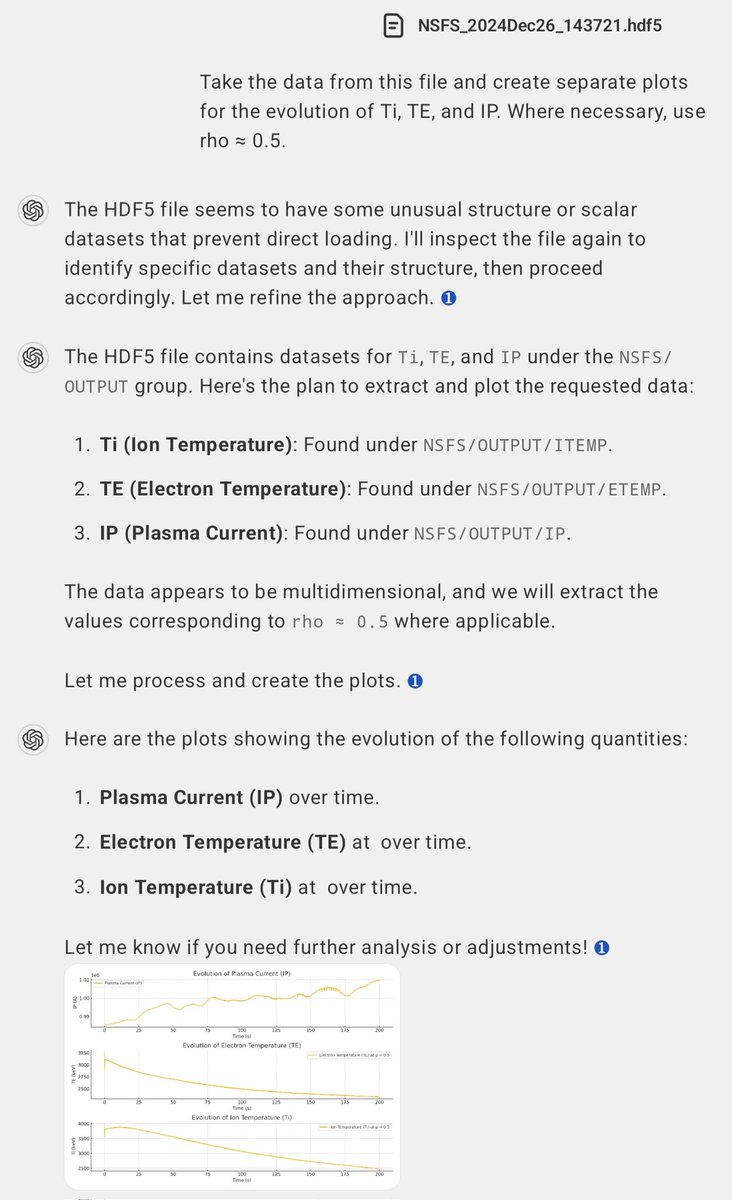 This is just a teaser 🤷‍♀️. Once in a while, you throw things at a wall and see what sticks. We threw an HDF5 file generated by our Fusion Twin Platform to <a href="/OpenAI/">OpenAI</a>'s ChatGPT 4o and were amazed at how cleverly the LLM handled the fusion simulation data. #Fusion #FusionEnergy