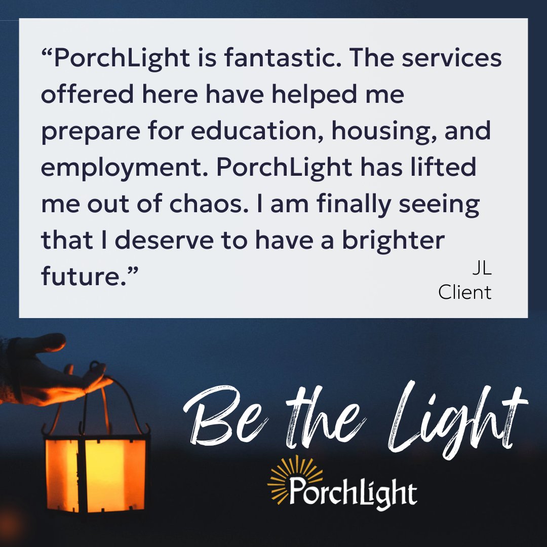 Porchlight (@porchlightcares) on Twitter photo Our client 'JL' found hope at PorchLight when facing his darkest days. Your donation today can turn someone else's challenges into opportunities — Be the Light that paves the way. Please consider supporting PorchLight in your year-end giving. bit.ly/BeTheLight2024 Our client 'JL' found hope at PorchLight when facing his darkest days. Your donation today can turn someone else's challenges into opportunities — Be the Light that paves the way. Please consider supporting PorchLight in your year-end giving. bit.ly/BeTheLight2024