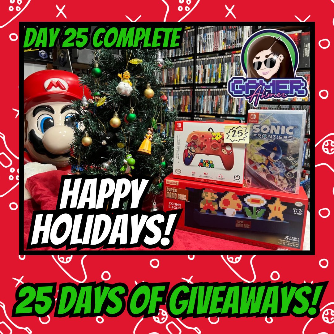 GamerAhmer's tweet photo. Day 25 has completed! Thank you everyone for the support! #videogames #games #gamerahmer #christmas #25daysofchristmas #25daysofgiveaways #giveaway #mario #supermariobros #retrogaming #nintendo #happyholidays #sega #sonicthehedgehog https://t.co/WS04M1kaNS