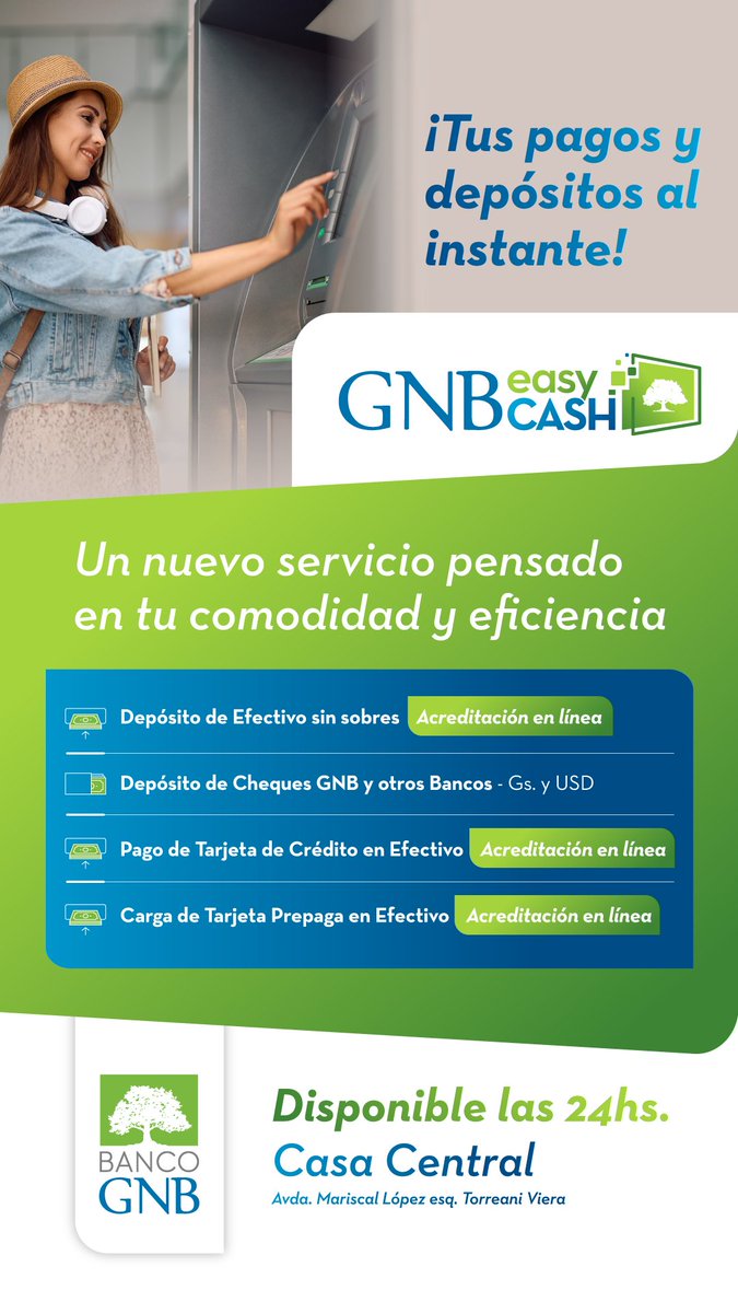 GNB #EasyCash ya está disponible en el Espacio 24 hs de nuestra Casa Central ¡Disfrutá de la comodidad de realizar tus depósitos y pagos al instante, de manera segura y sin complicaciones con Banco GNB Paraguay! 🚀