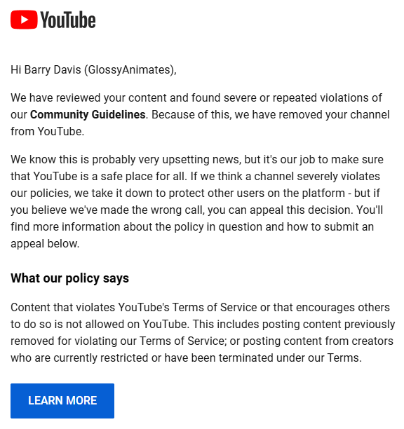glossvao's tweet photo. Hi @TeamYouTube! My channel GlossyAnimates was terminated, and I believe this was a mistake. I appealed, but the response was about restoring a hacked account (mine wasn't hacked). Now it's been 2 weeks with no updates or closure. Can you check the status of my appeal? Thank you! https://t.co/Ia4UHAAE57