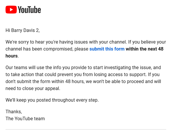 glossvao's tweet photo. Hi @TeamYouTube! My channel GlossyAnimates was terminated, and I believe this was a mistake. I appealed, but the response was about restoring a hacked account (mine wasn't hacked). Now it's been 2 weeks with no updates or closure. Can you check the status of my appeal? Thank you! https://t.co/Ia4UHAAE57