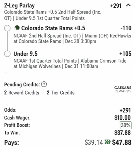 EdgePlayBook's tweet photo. #BetInPublic #SteadyEdge We have another cool promo for College Football on Caesars. Fair odd for this 2 leg parlay is just +270, giving this play 30% EV #GamblingX #EVBetting #michiganwolverines #ColoradoStateRams https://t.co/up2xyoC7ly