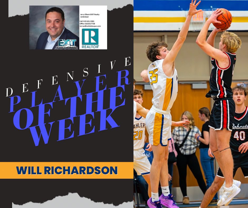 Will Richardson of Wahlert Catholic has been a defensive powerhouse, earning the Jerry Elbert -- EXIT Realty Defensive Player of the Week award! Across two thrilling games, Will showcased his defensive prowess with 3 clutch steals and an incredible 5 blocks, anchoring his team on